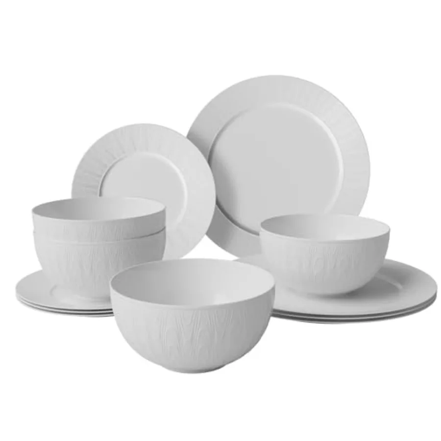 

12Piece White Embossed Mesh Bone China Dinnerware with Lightweight Durable Chip Resistant Design Service for 4