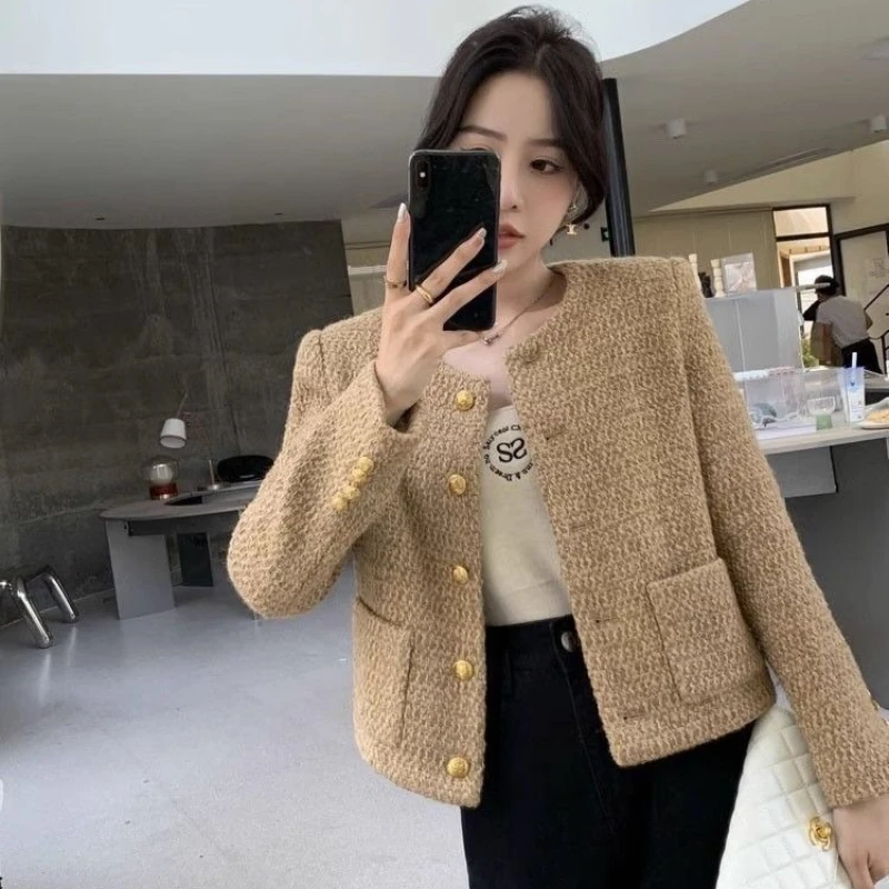 Women's 2026 Autumn New French Tweed Jacket Cropped Elegant Chic Coquette Trendy Commute Thick Warm Outerwear Top