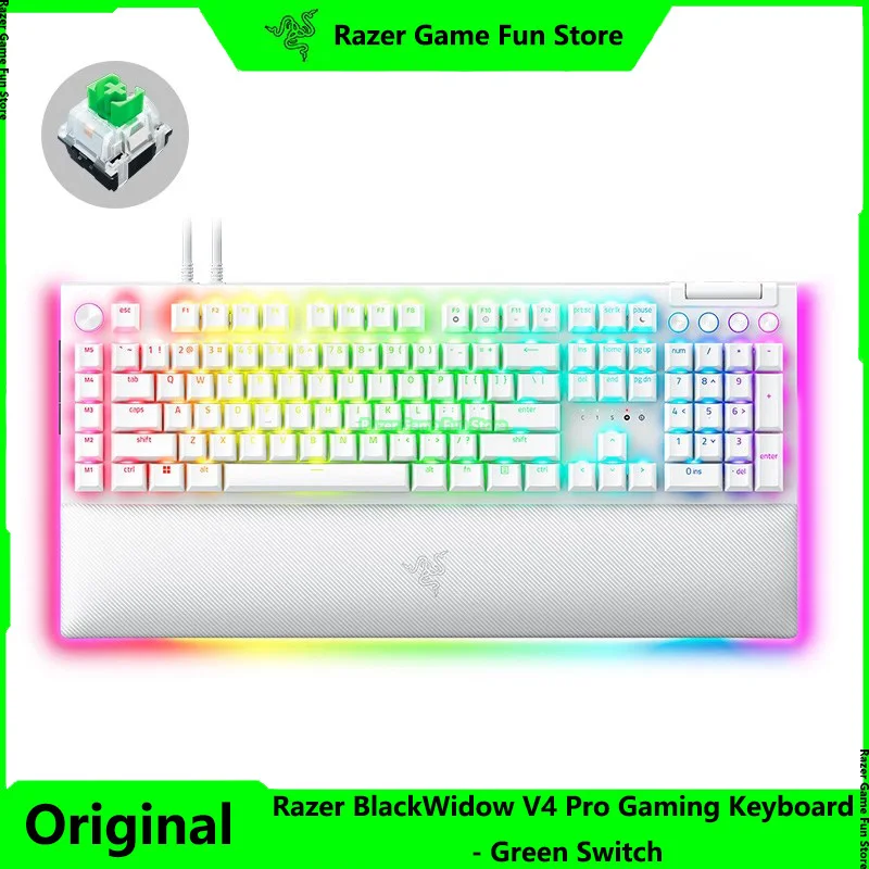 Razer BlackWidow V4 Pro White Mechanical Gaming Keyboard - Green Switch - Command Dial and 8 Dedicated Macro Keys