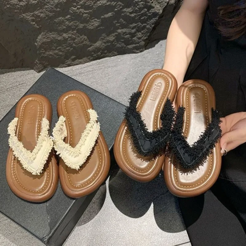 Summer Flat Slip-On Women's Sandals Open-Toe Beach Women's Slippers Soft Sole Fabric Casual Outdoor Wear Beach Shoes for Woman