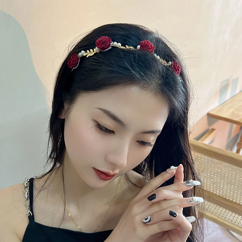 Ladies Elegant Rose Vine Headband Hair Accessories Headdress Girls Vintage Metal Flower Pearl Red White Rose Tiara Hairbands