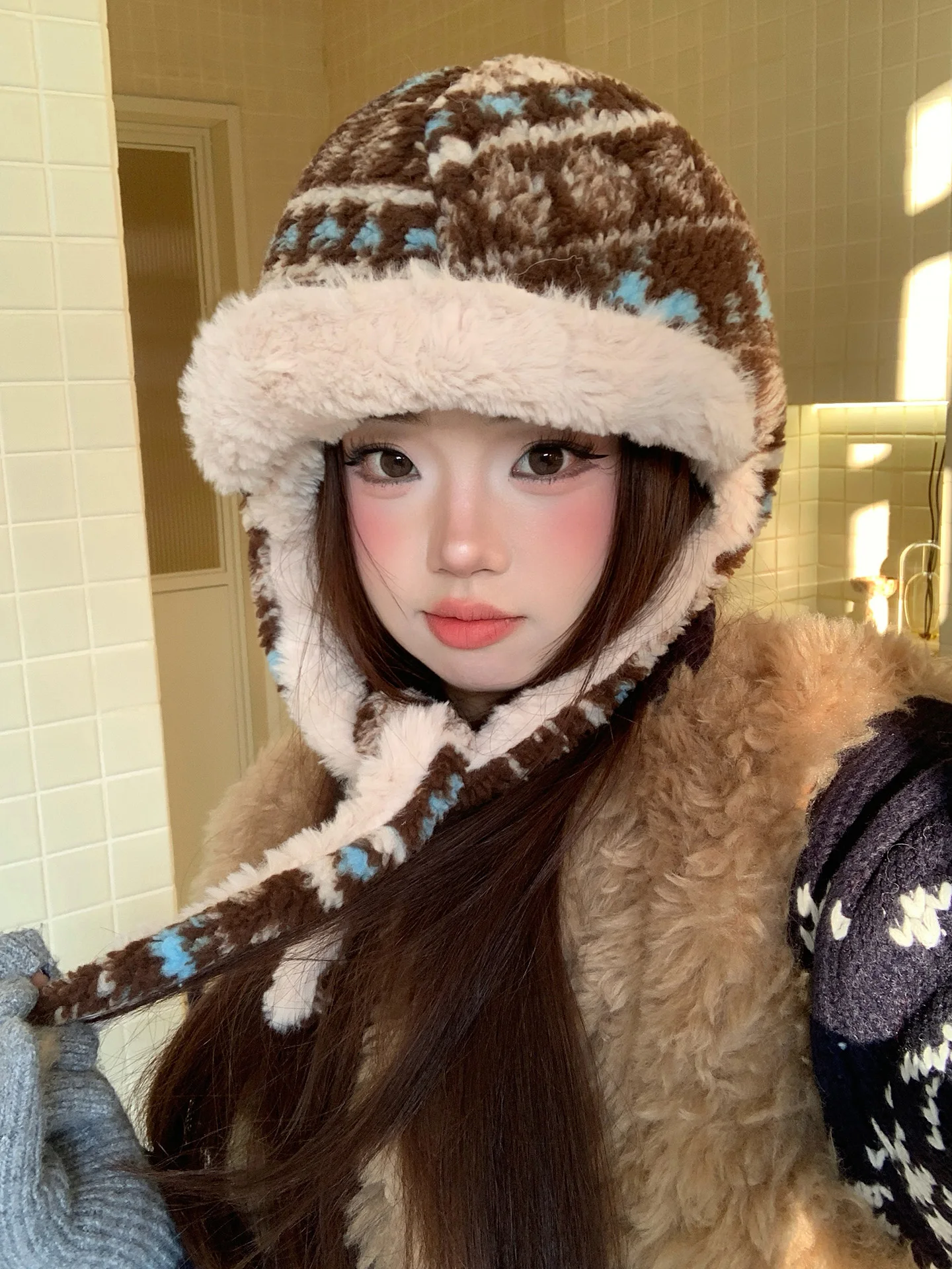 Retro Fair Isle Thickened Capsule Winter Women's Hat Cycling Anti-Cold Flight Hat Ear Protection Warmth Soft Brim Cap
