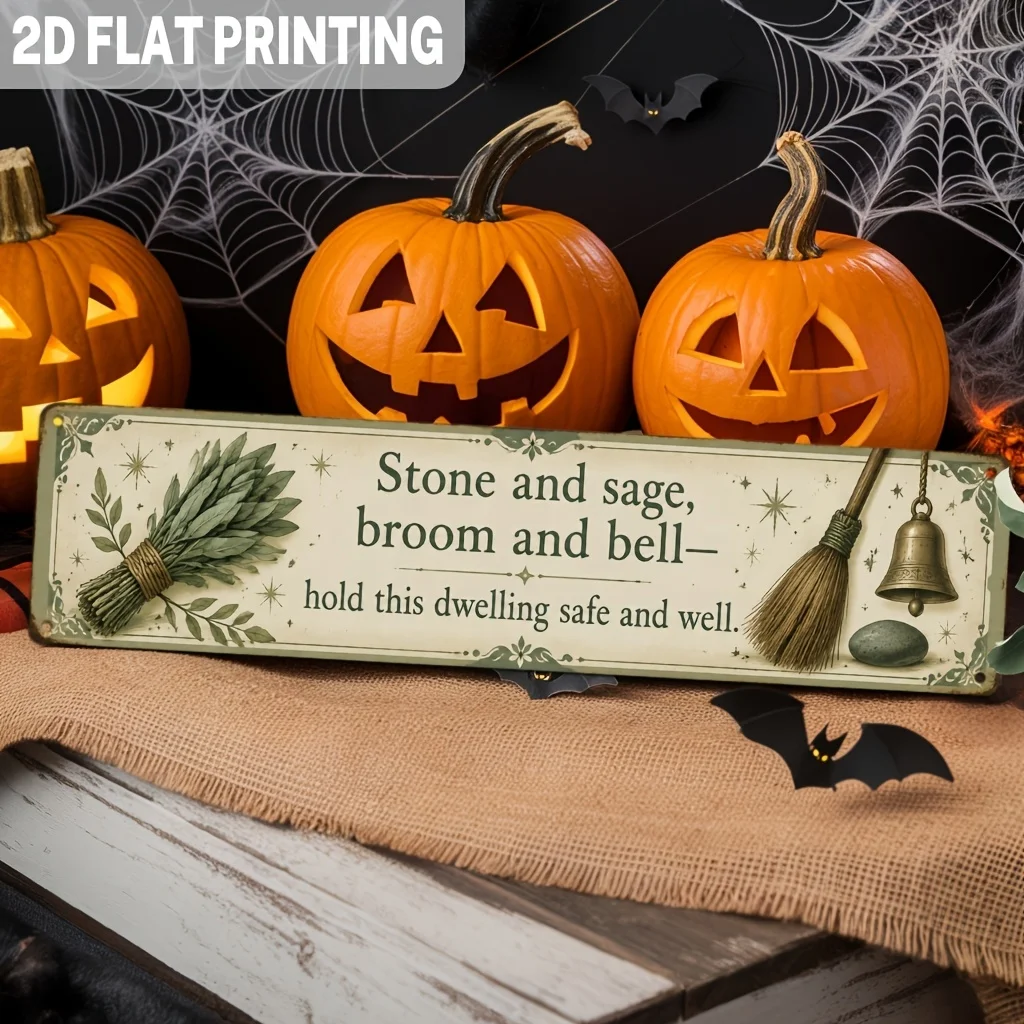 Vintage Stone And Sage, Broom And Bell - Keep This Dwelling Safe And Well. Iron Sign, Witchy Protection Decor, Wall Hanging