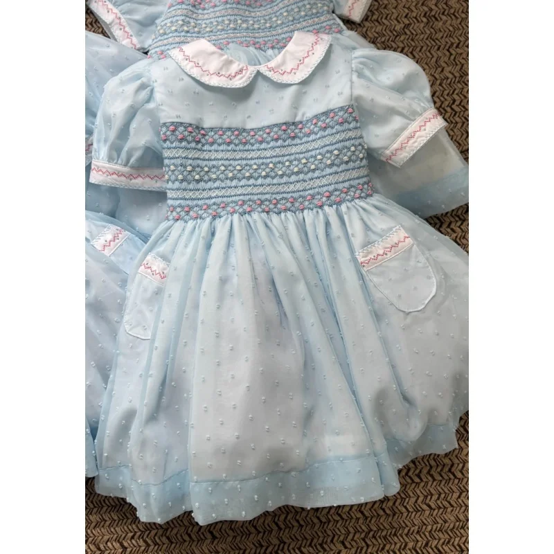 

Summer Light Blue Hand Smocked Embroidery Baby Girl Princess Gown Dress for Birthday Party Holiday Photography A339