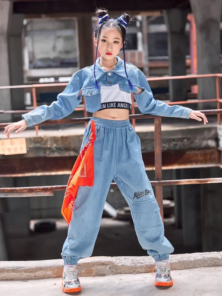 Costume da ballo jazz per bambini Vestito da ballo di strada Vestito da performance hiphop Abbigliamento rave Ragazze Abiti hip-hop Top in denim Pantaloni