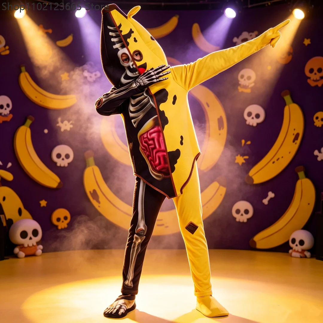 Halloween Halb-Bananen-Halb-Skelett-Jumpsuit-Kostüm Ganzkörperanzug Karneval Horror Frucht-Themenparty Cosplay-Outfits 2026