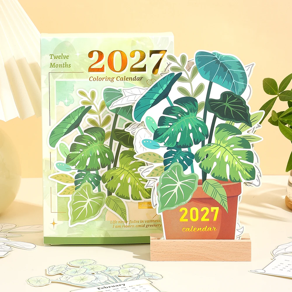 2027 Botanical Coloring Desk Calendar, Wooden Stand with 12 Color-in Cards, DIY Planner & Decor Gift for Office Home School