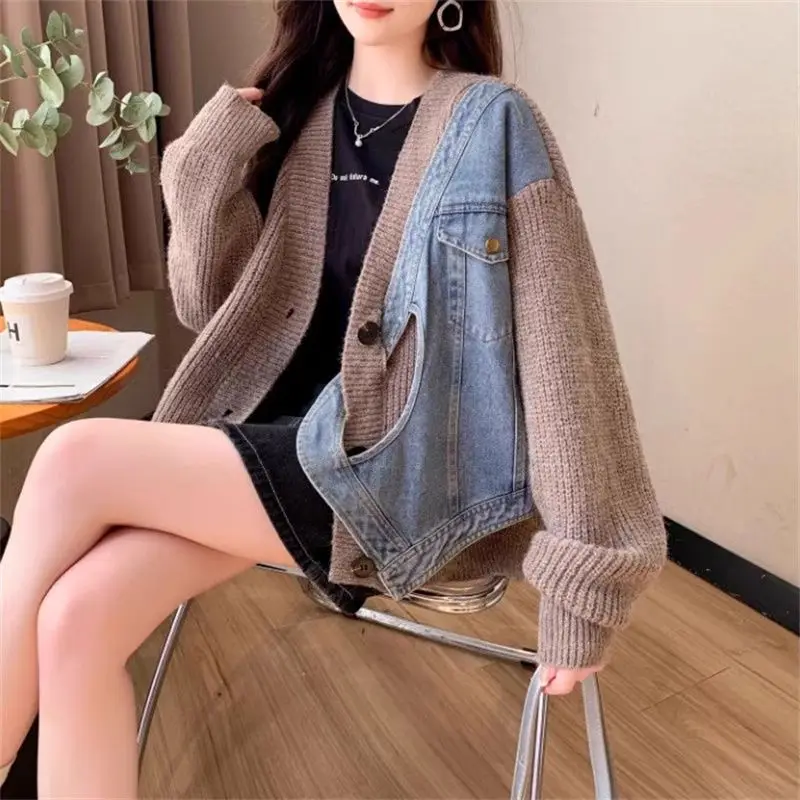 Denim Patchwork Knitted Cardigan Coat Women Autumn Winter V Neck Long Sleeve Button Casual Loose Knitted Sweater Jacket Female