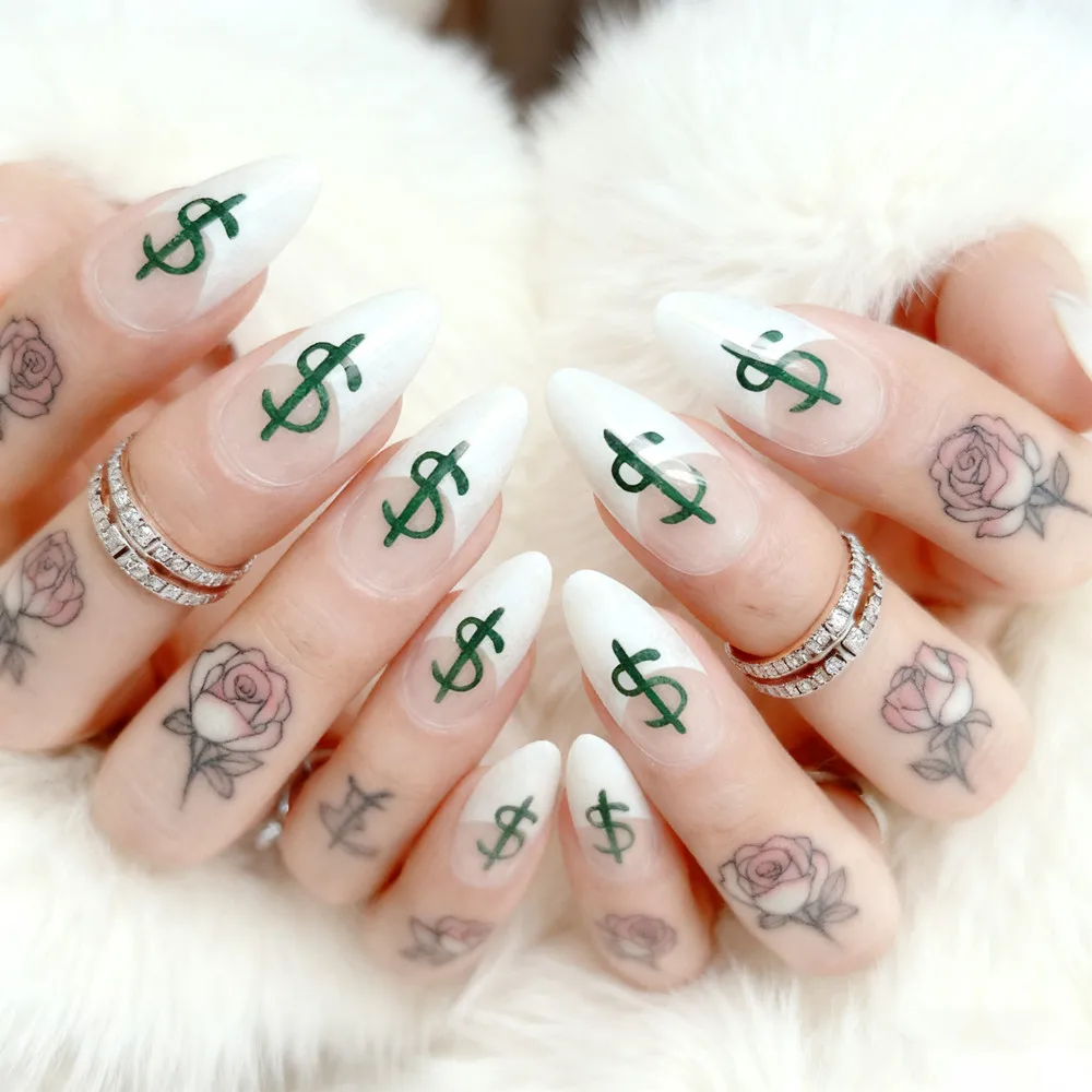 

Transparent Acrylic Press On False Nails With Glue Dollar Patterns French Fake Nails For Woman Short Stiletto Manicure Tools