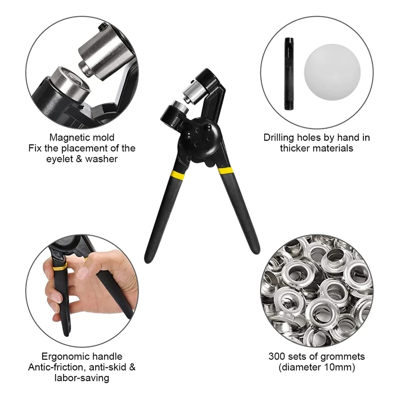 3/8 Inch Grommet Tool Kit,Handheld Hole Punch Pliers Mini-Type Manual Eyelet Machine With 100 Pcs Grommets