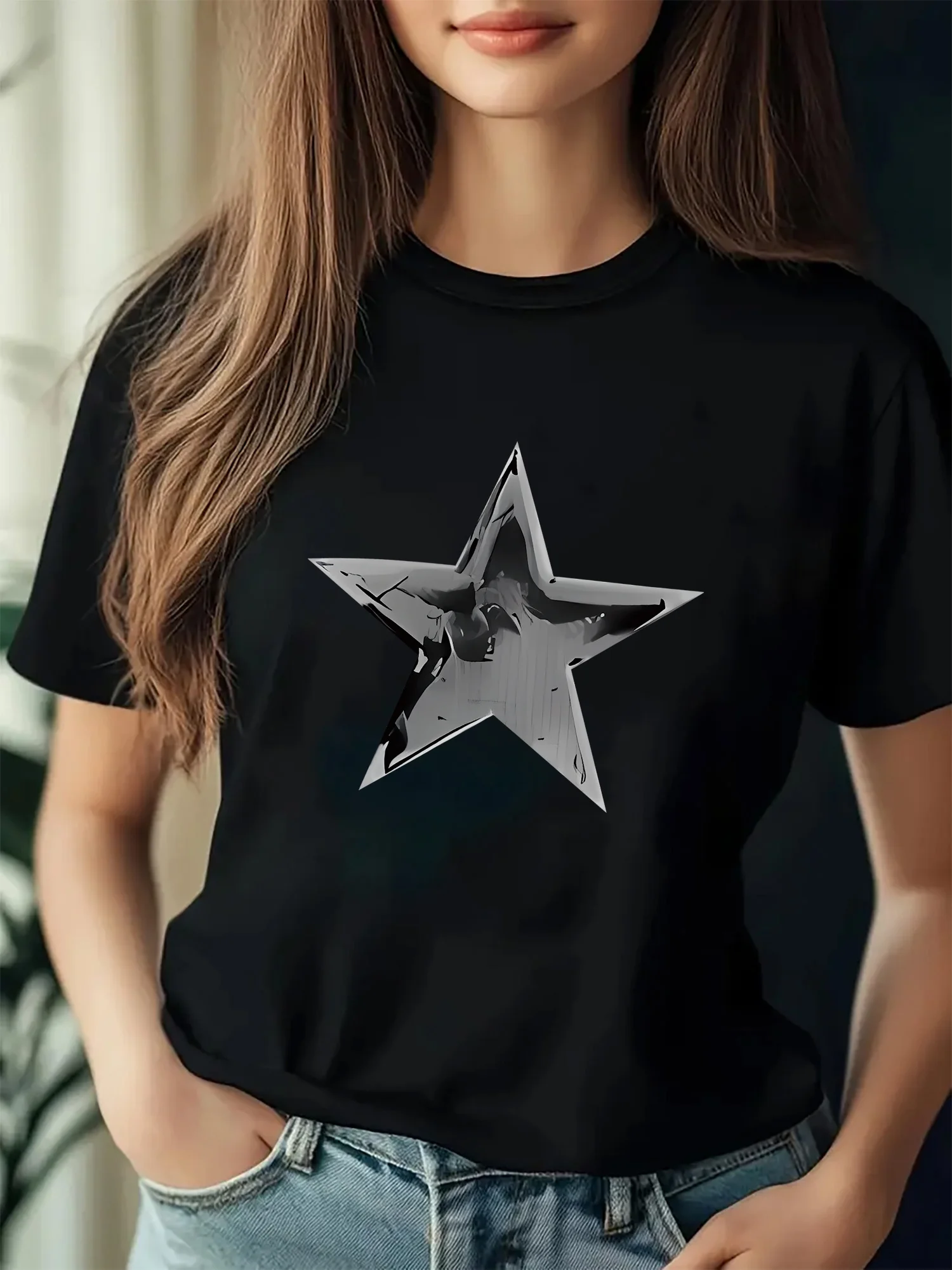 With Vector Star Print Women's T-shirt Fabric Fit Round Neck Casual Short Sleeve Tops Attire Outdoor Activities Women's Clothing