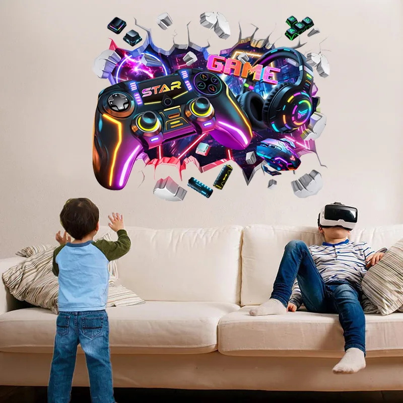 Larger Cool Game Controller Graffiti Wall Hole Art Vinyl Stickers for Level up Gamer Kids Bedroom Gaming Room Home Decoration