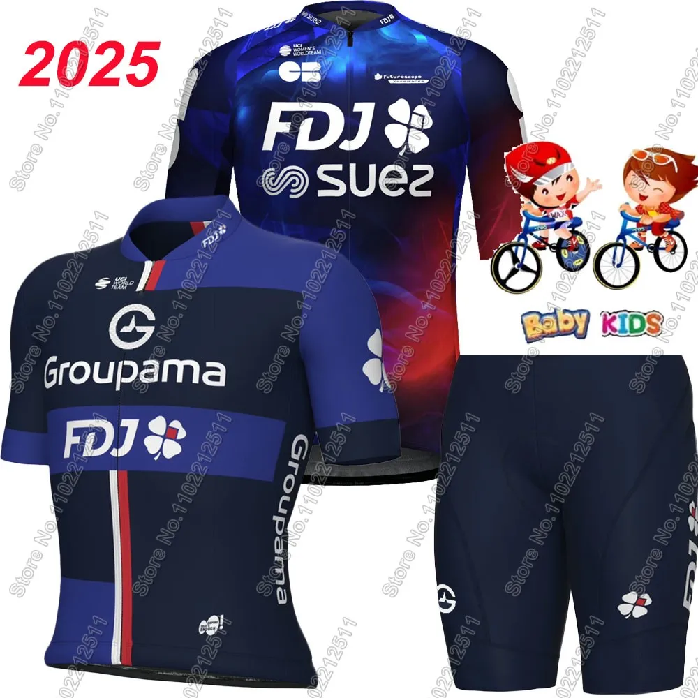 Kids Groupama FDJ 2025 Suez Enfant Cycling Jersey France Team Set Boys Girls Cycling Clothing Children Bike Suit MTB Maillot