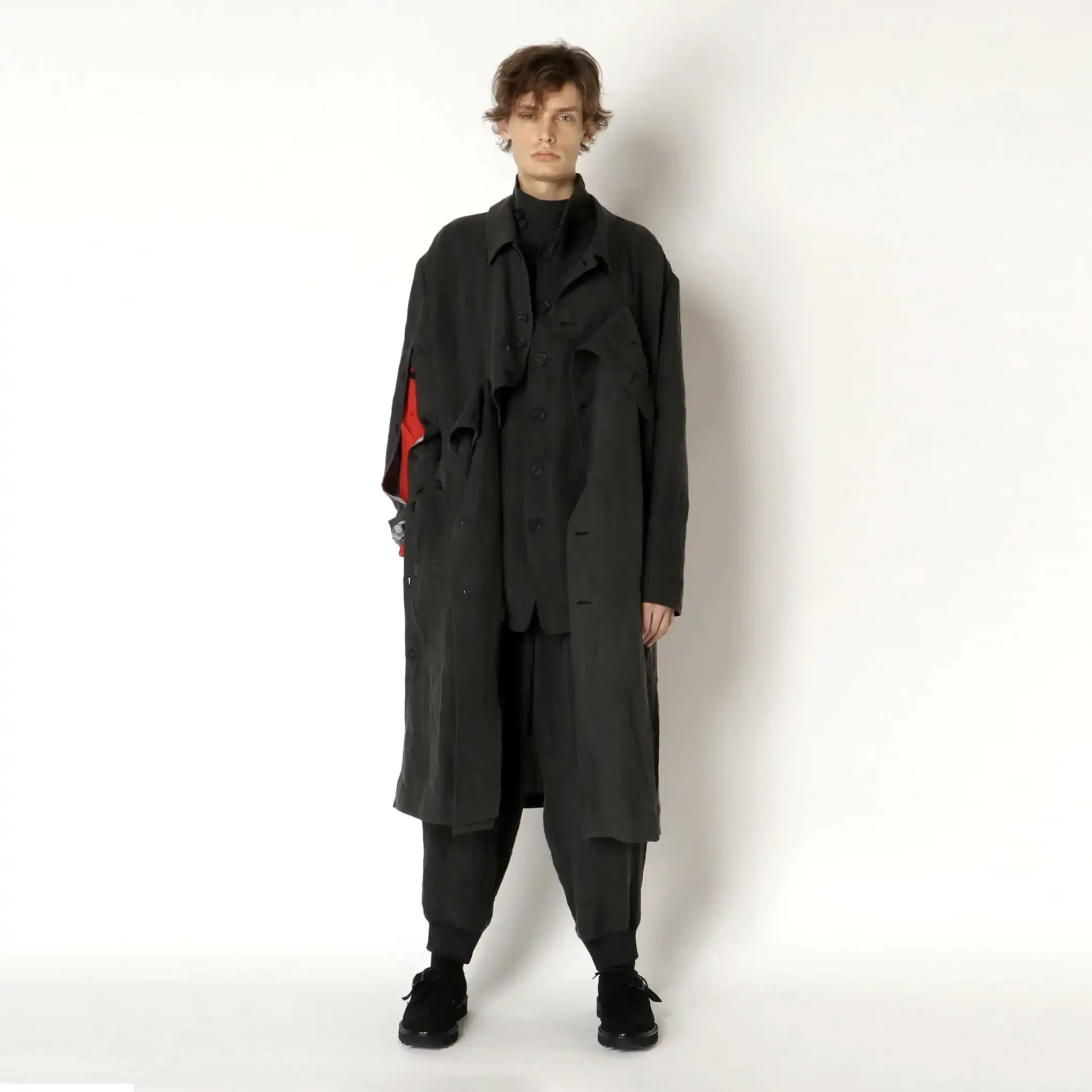 

YOJI OOAK карбоновый льняной черный плащ Art Warrior, двубортный халат с несколькими пуговицами, повседневный мужской плащ