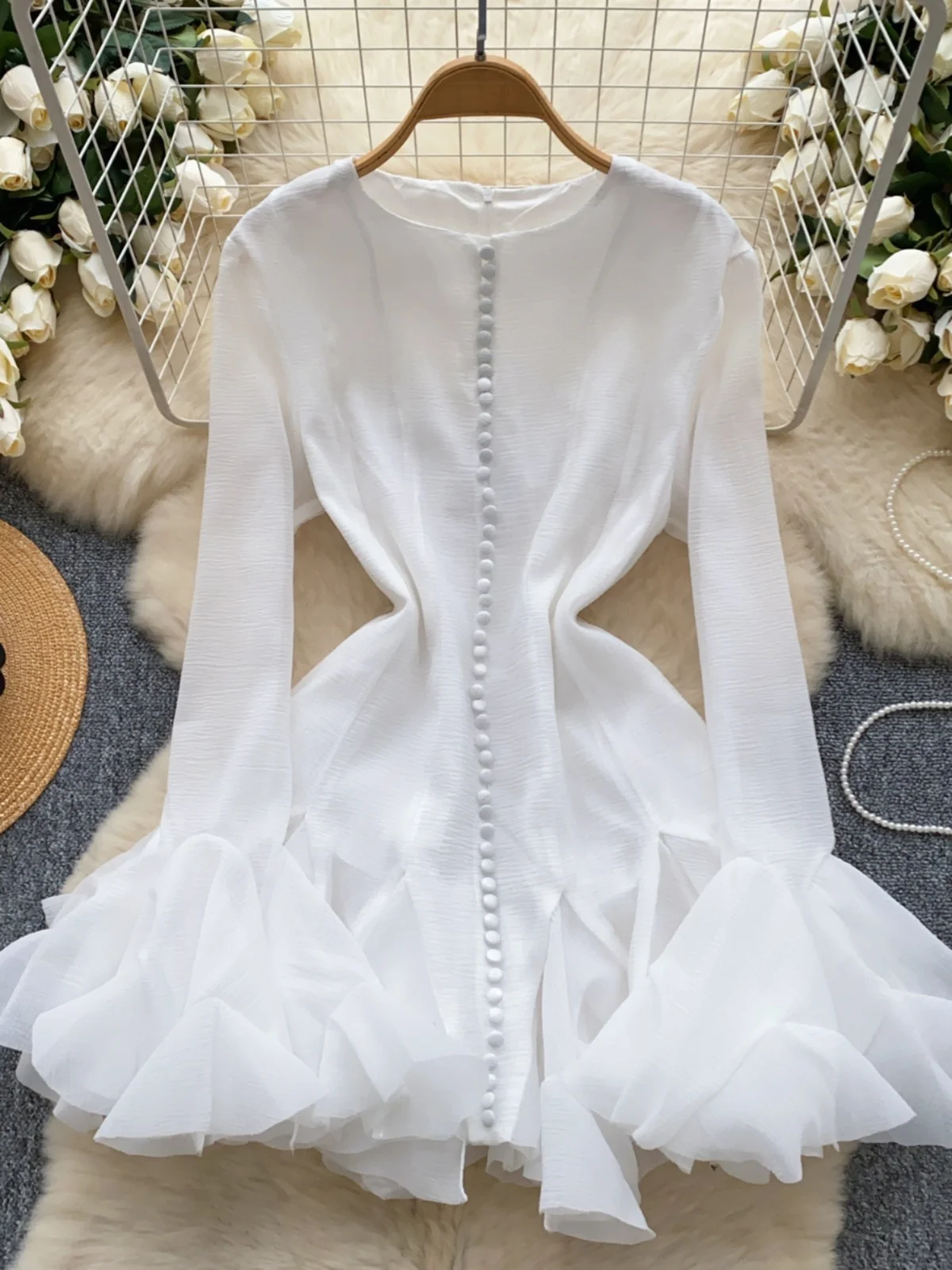 Damska spódnica midi w stylu koreańskim Ele Petal Sve Dr, jesienna, z wysokim stanem, w kształcie litery A, zapinana na jeden guzik, z falbaną w kształcie lotosu, długa...