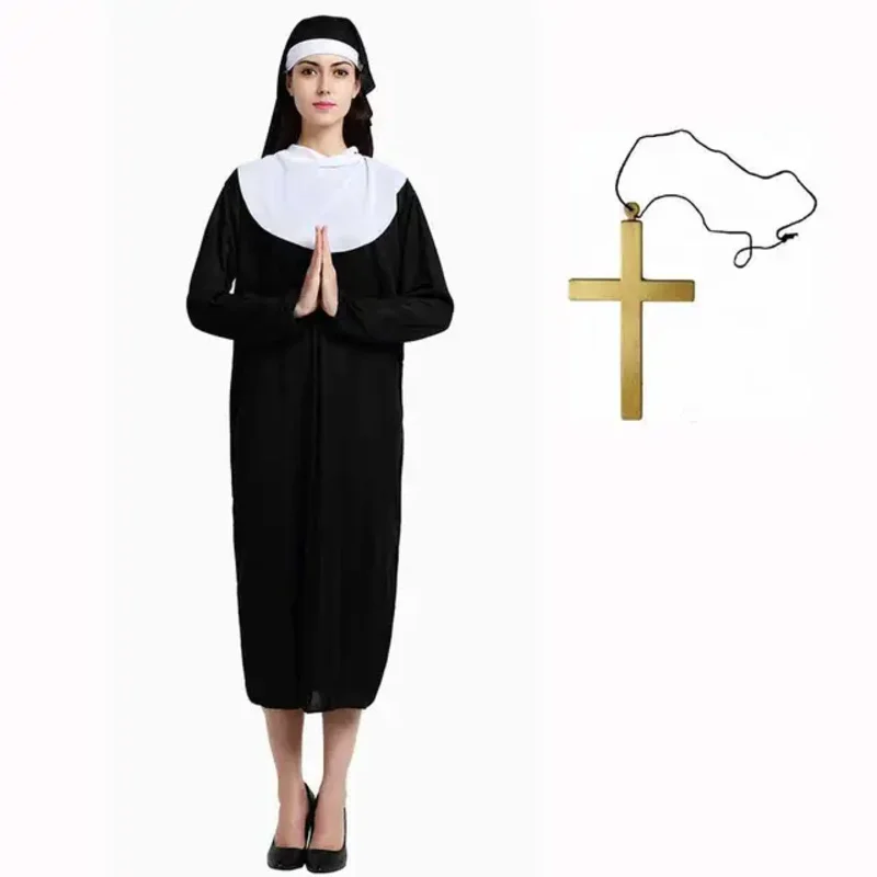 فستان تنكرية كلاسيكي للسيدات البالغات من Bear's Den أزياء الهالوين الراهبات عادة دينية مع حجاب راهبة أسود وحزام D جديد 2025