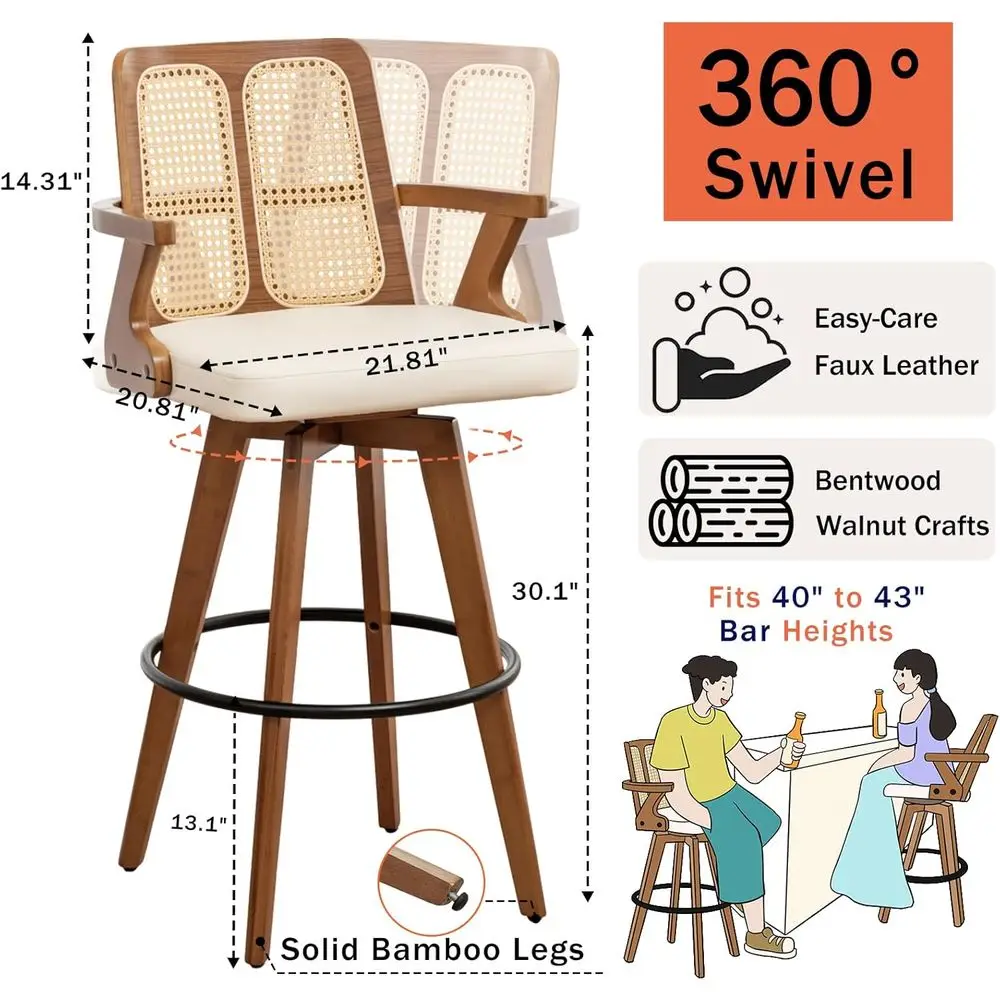 Juego de 2 taburetes de bar giratorios del siglo 30 con respaldos curvos, brazos, estructura de nogal, asientos de cuero beige, estilo ratán para cocina/Islan