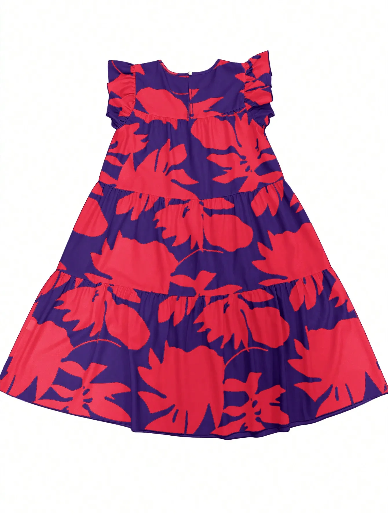 Sommerkleid für Damen, tropischer Blattdruck, locker geschnitten, mit Rüschenärmeln, Rundhalsausschnitt, ideal für Strandurlaub, Midi-Kleid, fließendes Sommerkleid, Damenmode. – Detail 4
