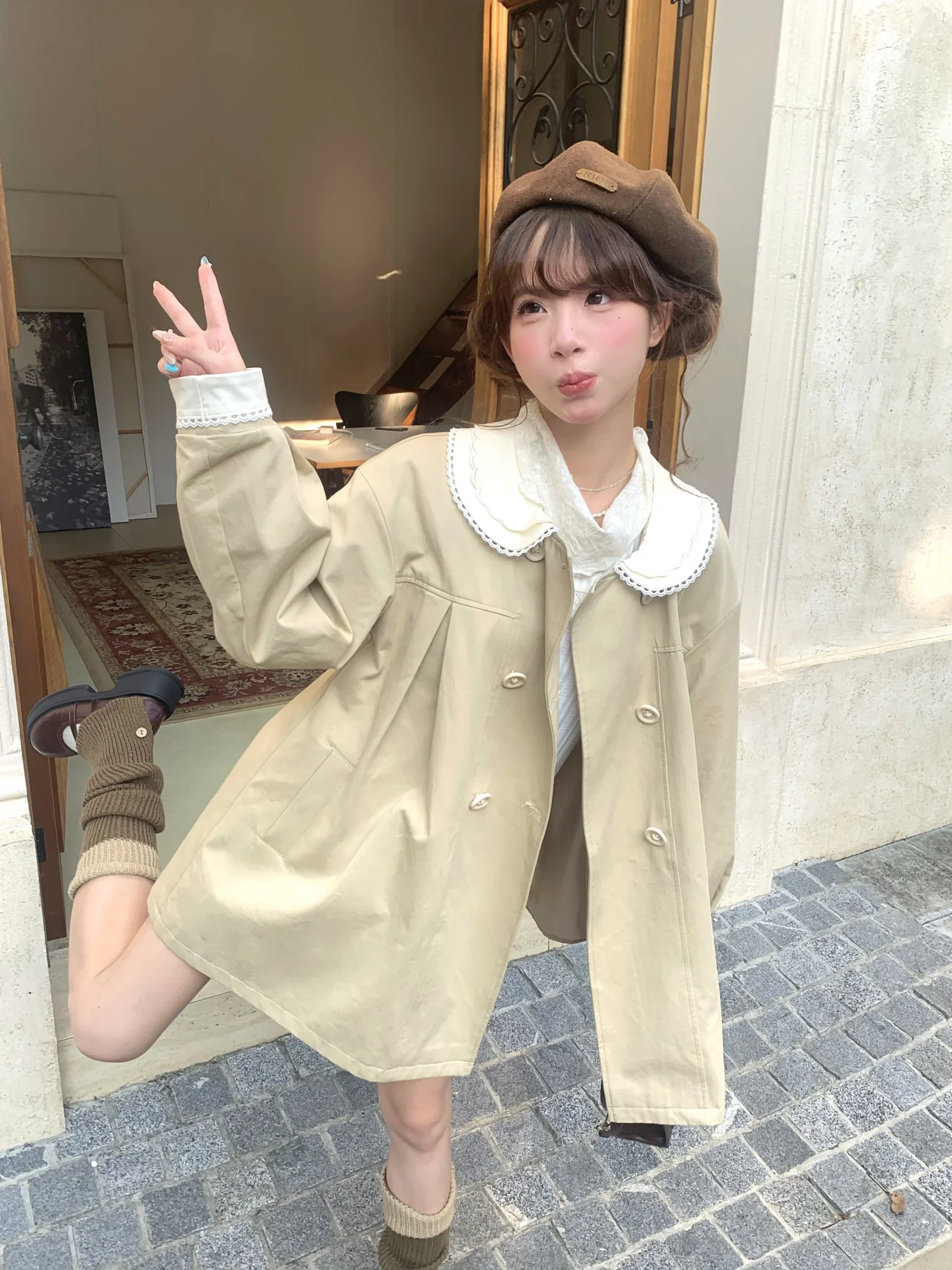 Autumnal Milk Apricot Korean Style Girl's Double Layer Embroidered Ruffle Collar  Knot A-Line Loose Outerwear
