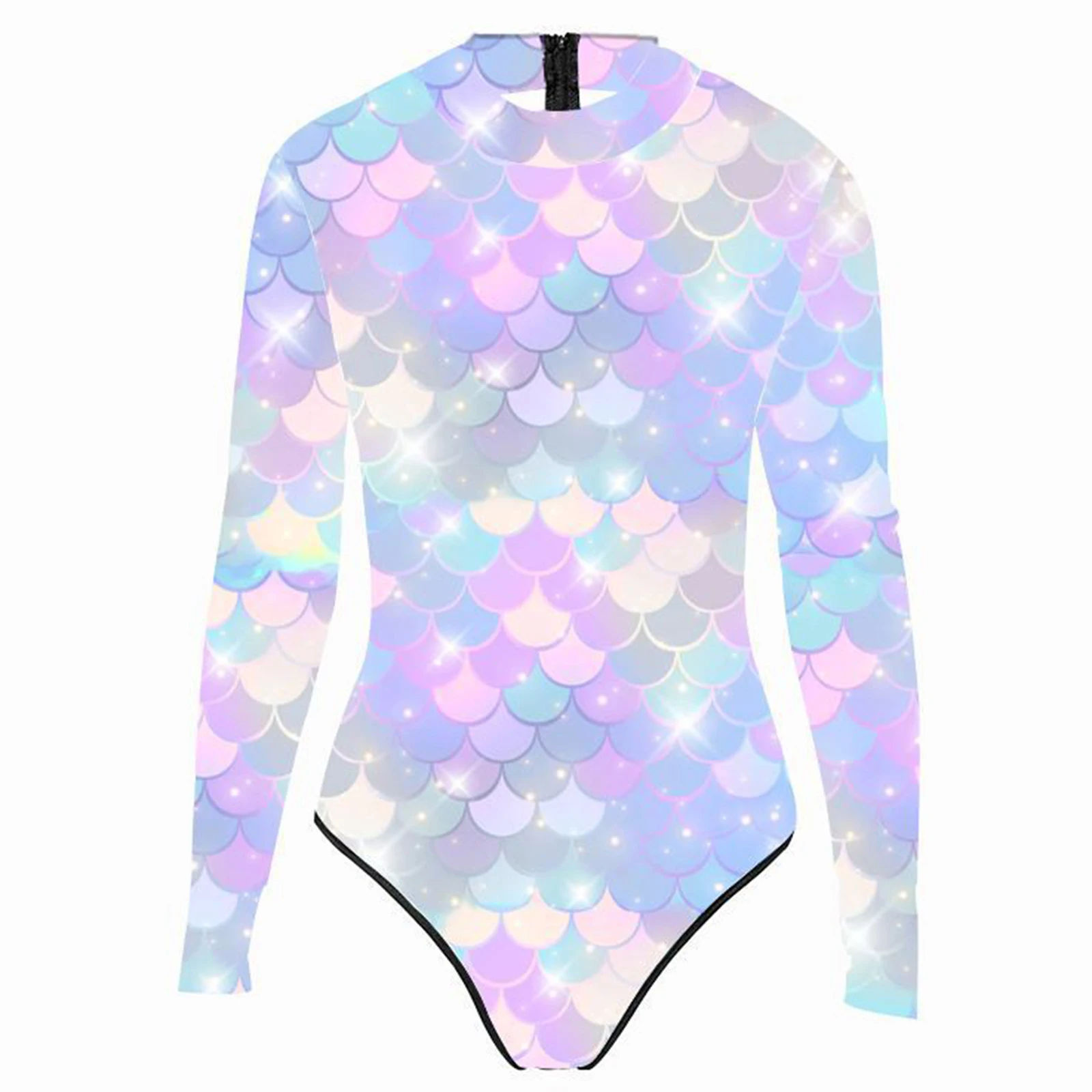 Green And Purple Swimsuit Women\'s Long Sleeve One-piece Zipper Swimsuit Printed Fish Scale Mermaid Swimsuit Women\'s Swimsuit