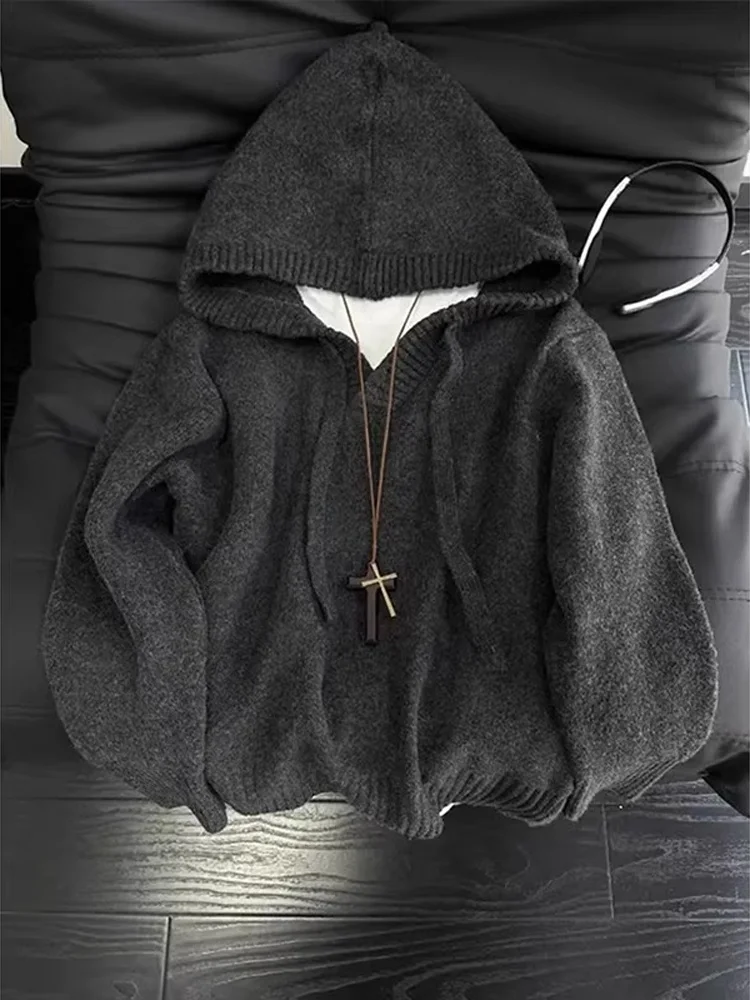 

Bla American Retro Hooded V-Ne Knitted Sweatirt Men's Autumn Cleanfit Lazy Sle Couple's Sweater Coat Loose Fit Long S...