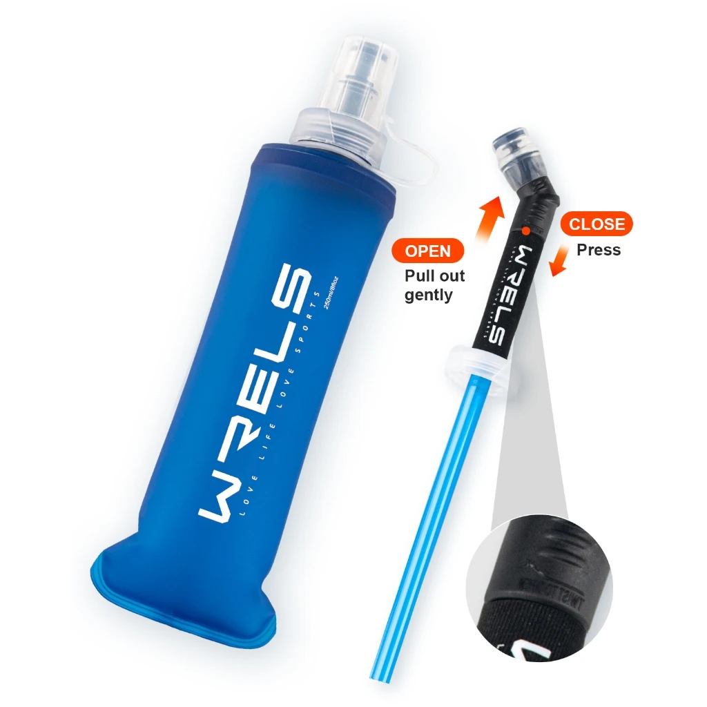 WRELS faltbare Silikon-Wasserflasche im Freien, Reisen, Sport, Laufen, Radfahren, Wasserkocher, Wasserflasche, BPA-frei, 500 ml, mit Strohhalm