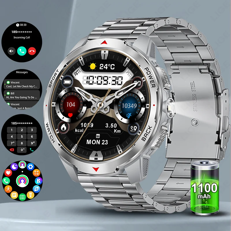 LIGE 1100mAh Battery Smart Watch Men Outdoor Sports 2026 New 1.7“ HD Screen LED Flashlight Compass 3ATM Waterproof Smartwatch