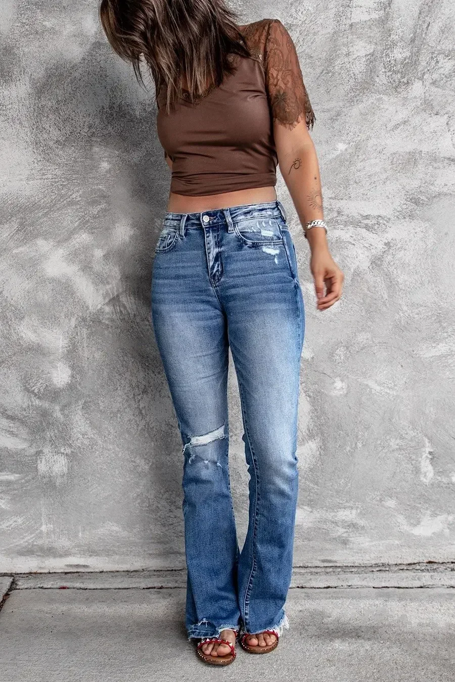 Pantalones vaqueros con corte de bota para mujer, pantalones vaqueros ajustados acampanados con cremallera y bolsillos, ropa de calle hasta el tobillo, agujeros sólidos, cintura alta 2025