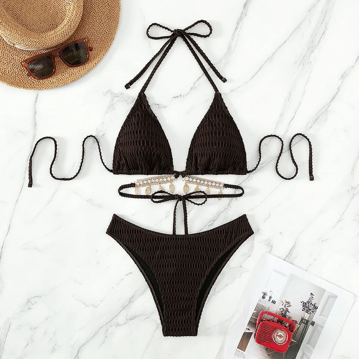 

Новинка 2023 года, кофейный женский купальник, бикини из 2 предметов с цепочкой со стразами, однотонный летний купальный костюм с высокой талией и v-образным вырезом на подтяжках