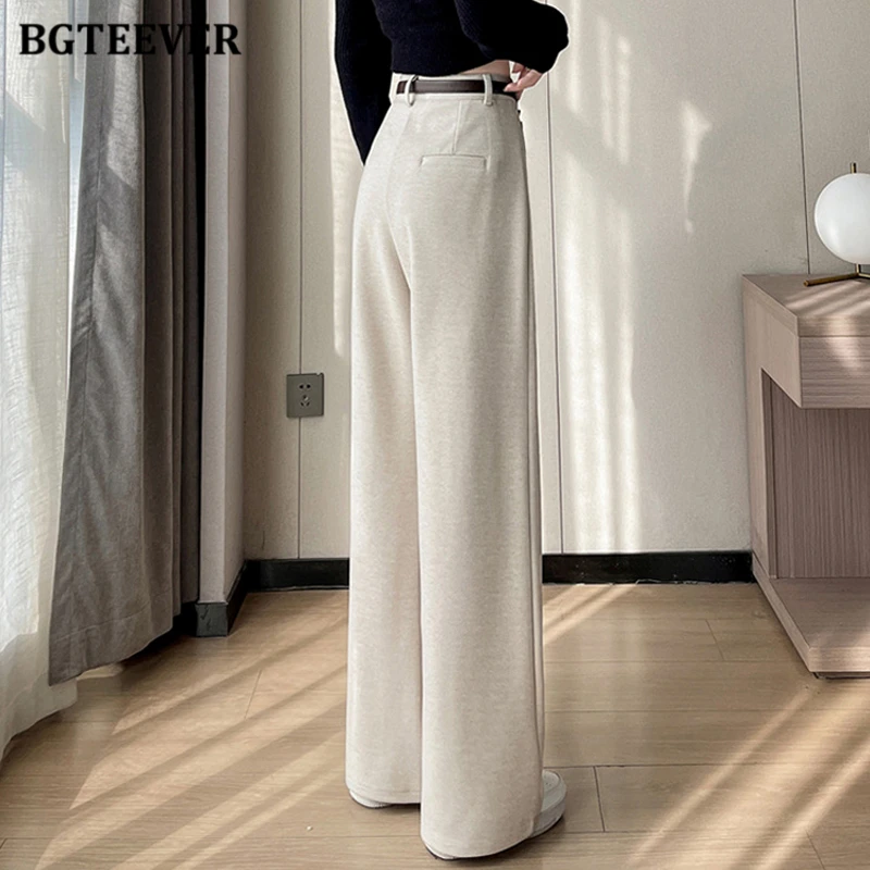 BGTEEVER Casual High Waist Ladies Woolen Pants Autumn Winter Stylish Pockets Loose Straight Warm Female Trousers