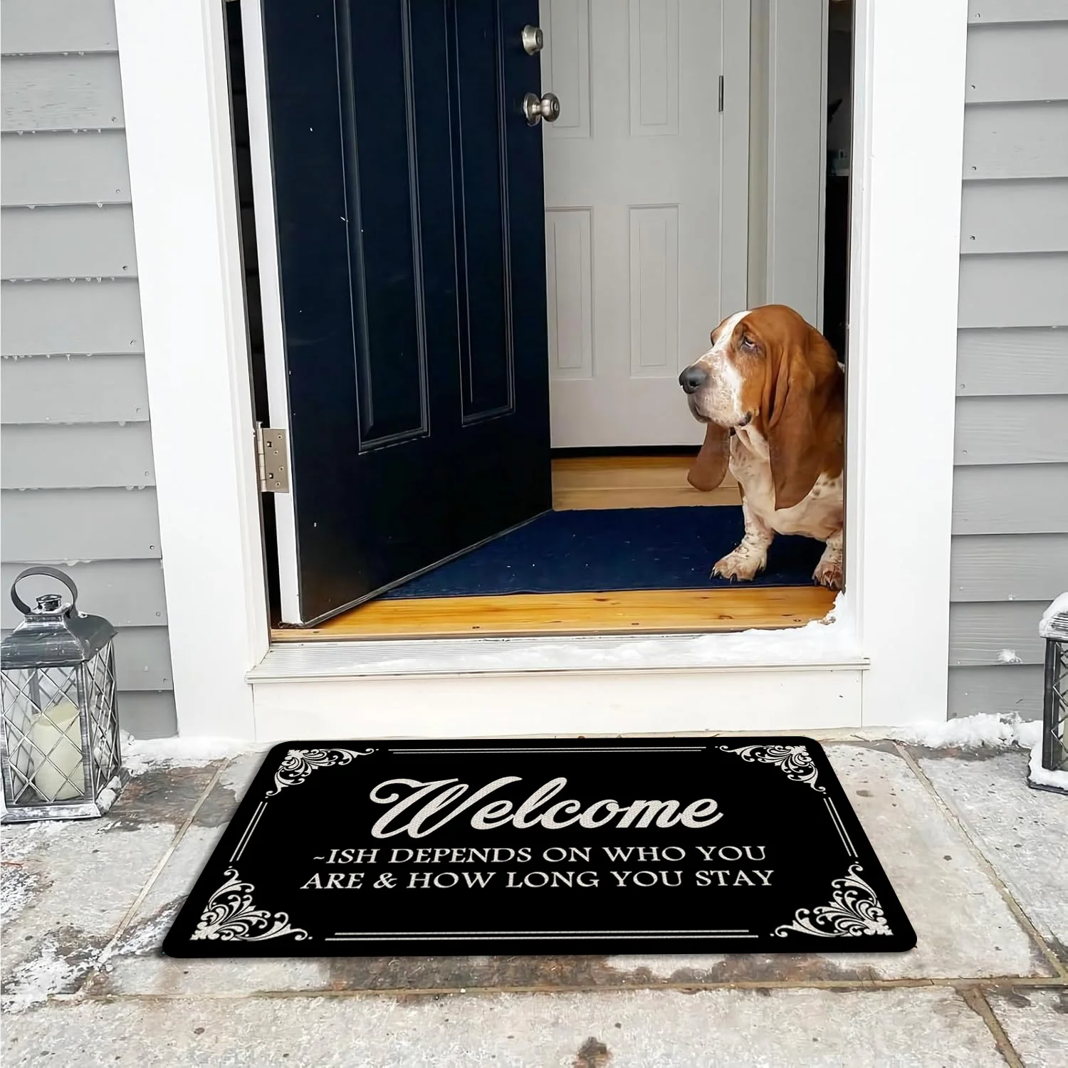Welcome doormat with motivational quote | Elegant white cursive font, machine washable indoor/outdoor entrance mat