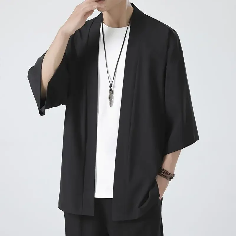 Men's Beach Kimono Shirt Japanese Style Cardigan Jacket Light 3/4 Sleeve Open Front Summer Casual Shirts