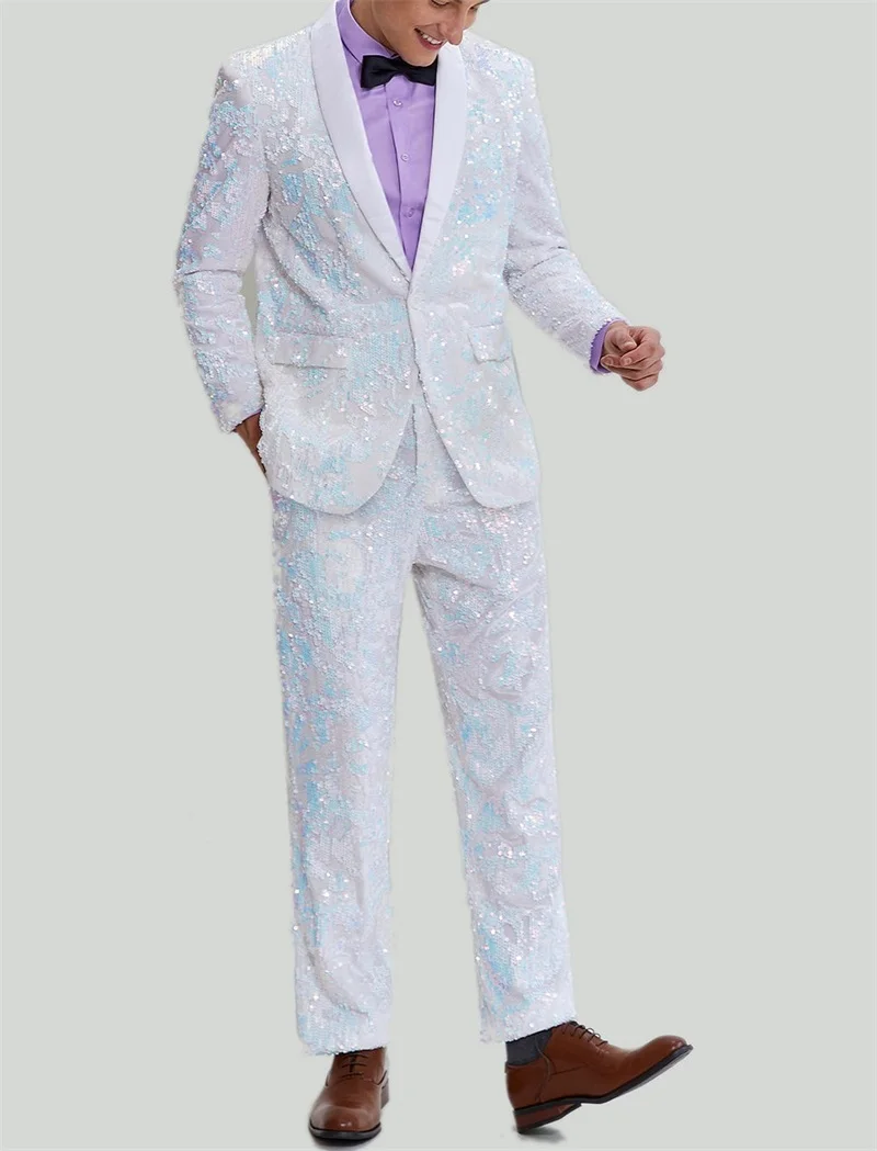 Ensemble de olympiques à paillettes pour hommes, blanc, bleu, blazer, smoking de mariage, manteau 2 pièces, pantalon, robe de Rh, veste, sur mesure, costume masculin