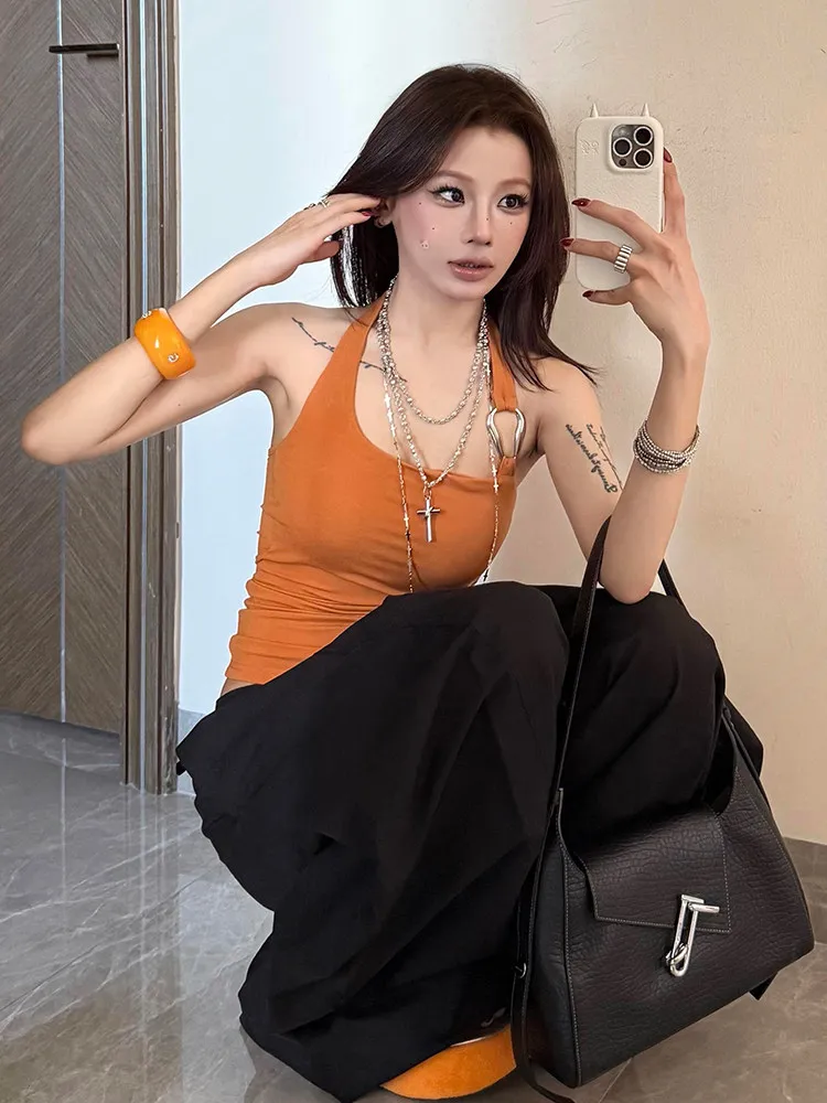 Women Orange Halter Camisole Top Vacation Style Vest Y2K Gyaru Crop Top Sleeveless Off Shoulder Corset Top For Women Summer 2025 view 5