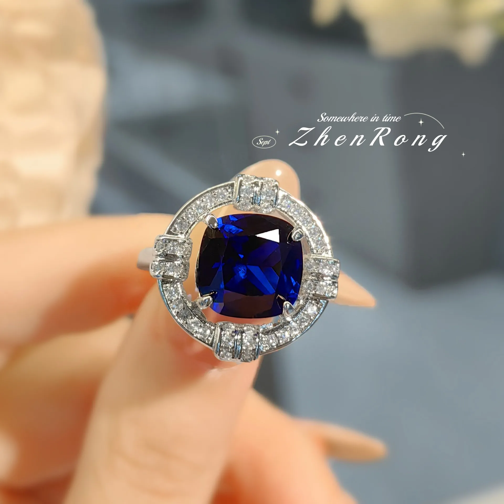 Luxury Female 5 Carat Blue Cobalt Spinel Engagement Rings Fashion Silver Color Open Adjustable Wedding Jewelry For Women