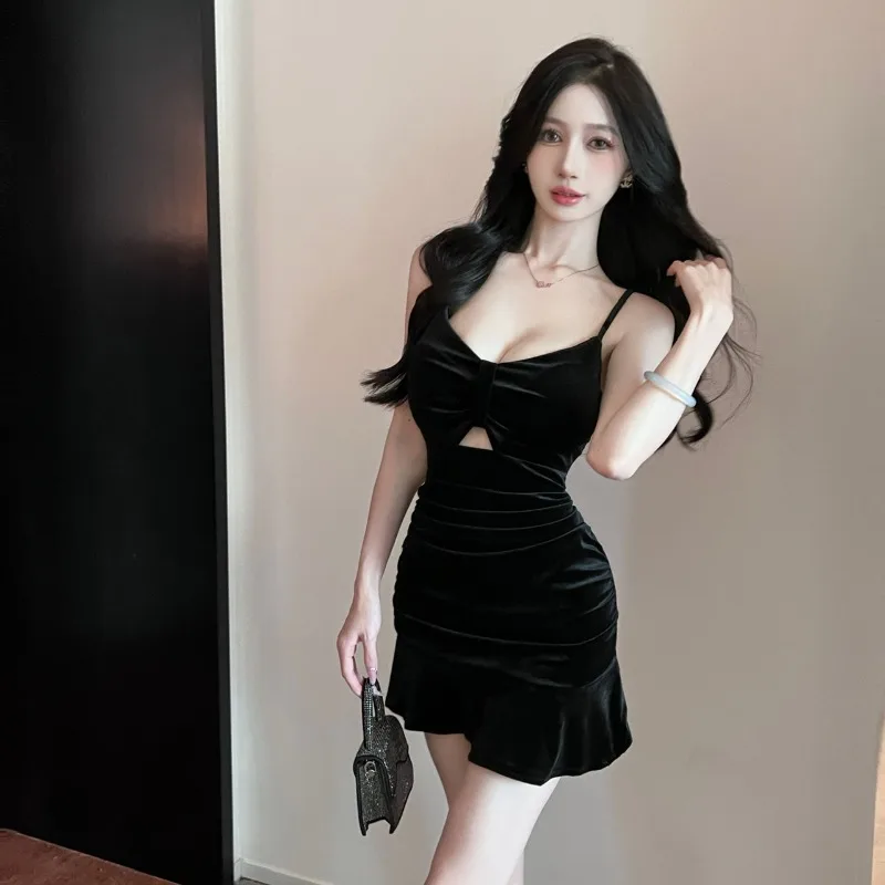 فستان بحمالات مخملية مجوفة بدون حمالات لخريف جديد نمط ملهى ليلي أساسي بحواف مكشكشة فستان أزرق ملكي فساتين قصيرة مثيرة #5