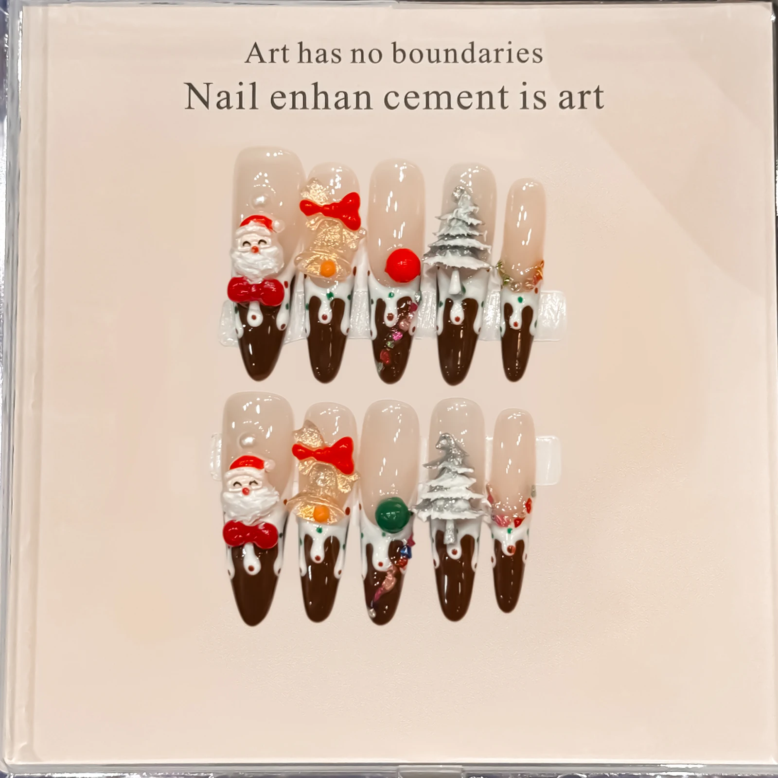 

10PCS Christmas Handmade Press on Nails Chocolate Cake French Almond Tip Fake Nails Wearable 3D Crystal Bells Decor False Nails