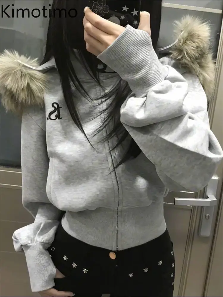 

Kimotimo Retro Letter Fur Collar Hoodie Women 2026 New Slim Fit Waist Zipper Short Coats Top Casual Y2k Spicy Girl Sweatshirts