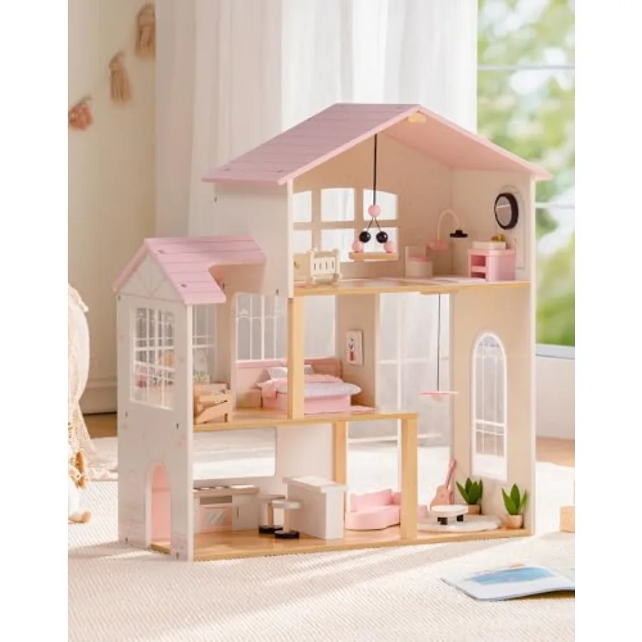 

Wooden Doll House for Girls Dollhouse Kit with 6 Rooms and 37 Pcs Dollhouse Furnitrue Accessories, Pink Montessori Doll House f