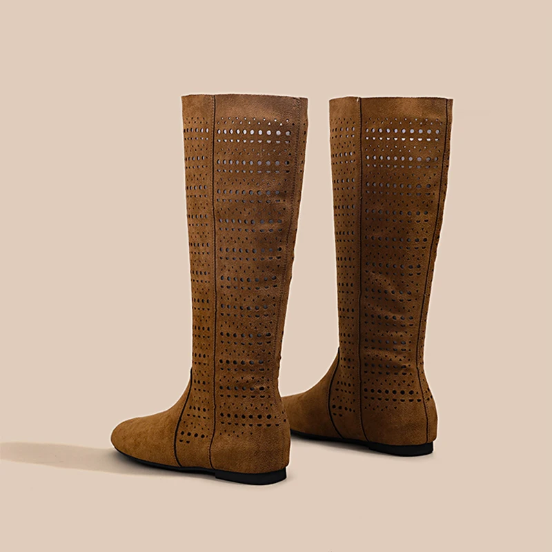 

Fall 2025 High-Top Faion Boots Women's High Heel Hollow out Height Chunky round Toe Velvet Long Boots Retro Sle