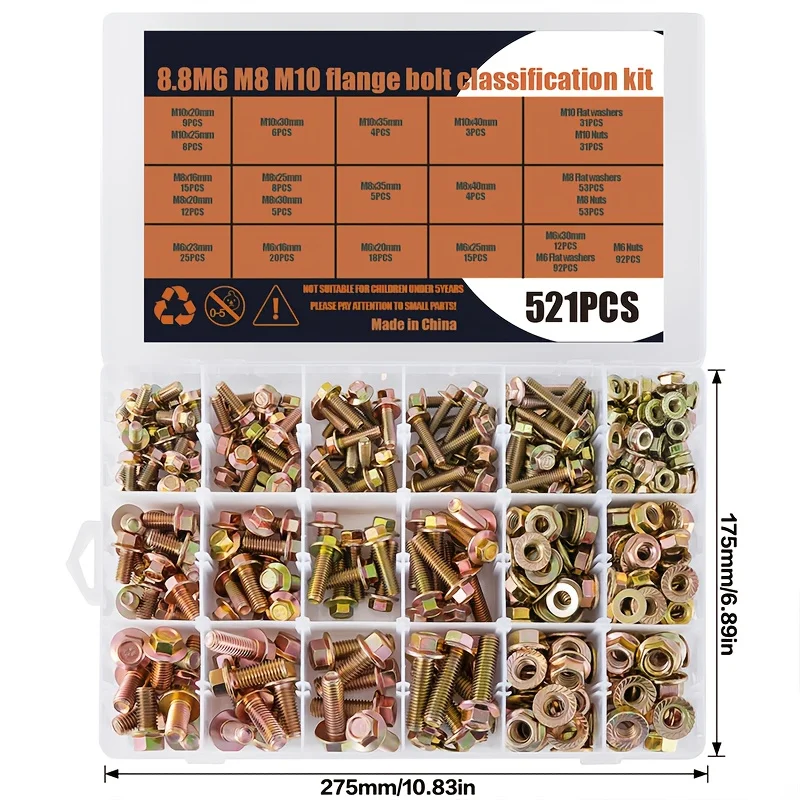 521 pezzi, combinazione di bulloni in zinco colorato M6 M8 M10, elevata durezza, antiossidazione