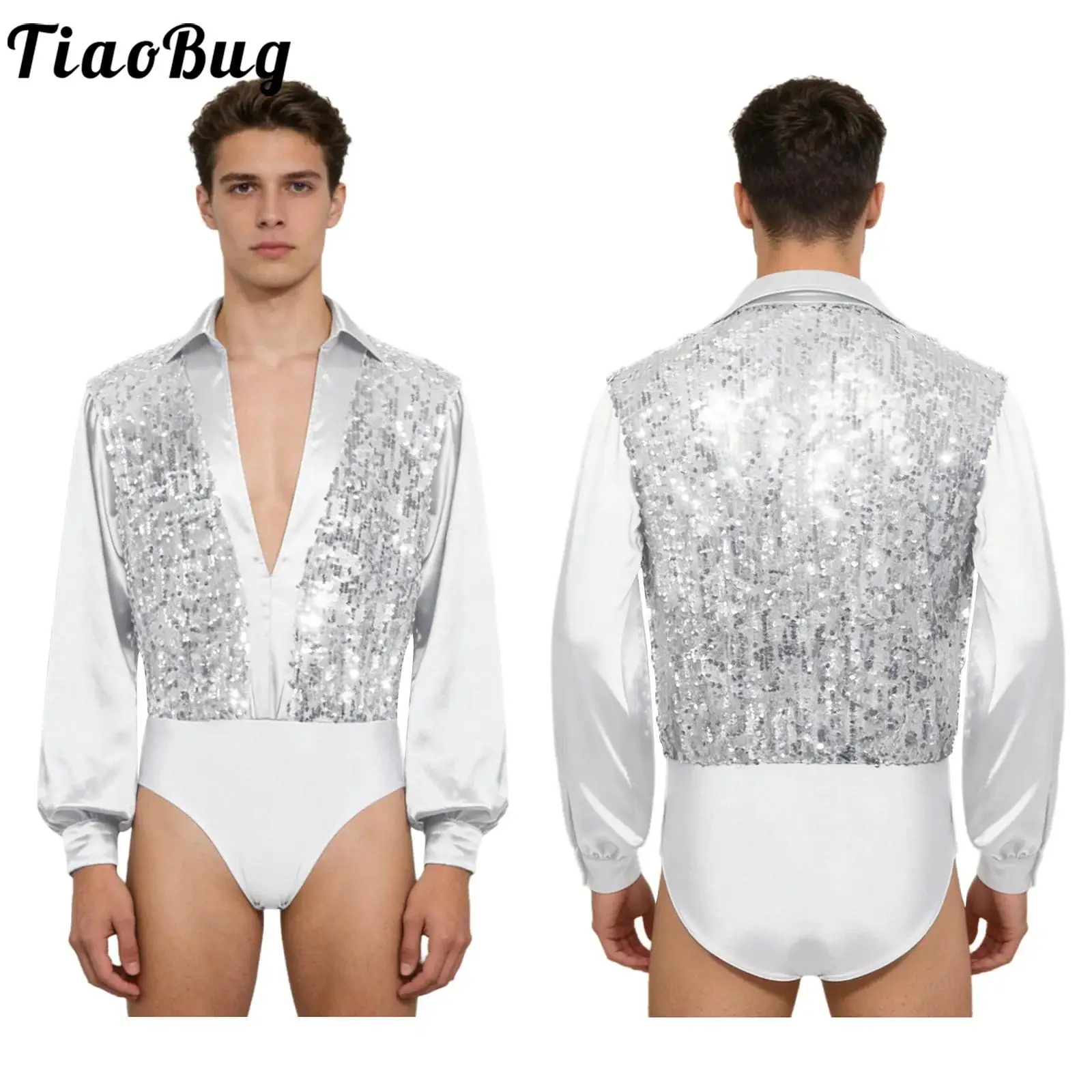 Men Disco Latin Gymnastic Ballet Dance Bodysuit Glittery Sequined Bodice Skating Long Sleeves Buttons Crotch Performance Leotard