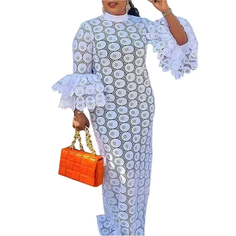 

African Dresses For Women Elegant Hollow Out New Muslim Fashion Abayas Dashiki Robe Kaftan Long Maxi Dress One Piece 2024