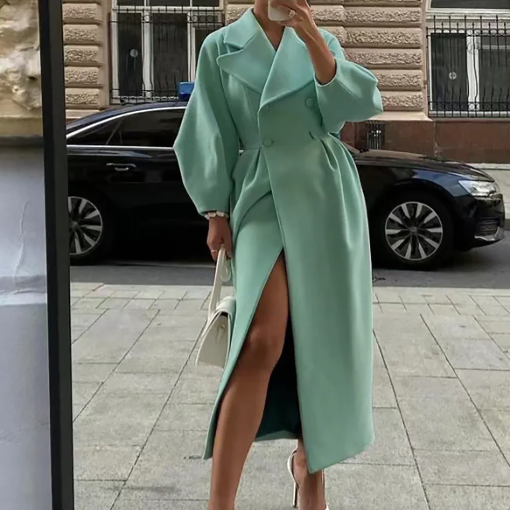 

Winter Warm Double Breasted Long Coat Women One Piece Wide Notch Lapel Set High-end Female Manteau Femme Custom Tailored