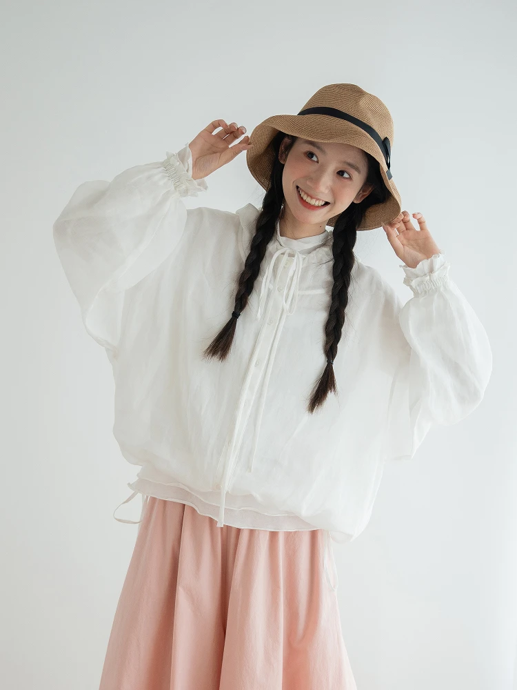 

White Flax Sun Protection Clothing Lightweight Spring Summer Top Love Sunlight Days Commute Sle Loose Fit Long Sve round...