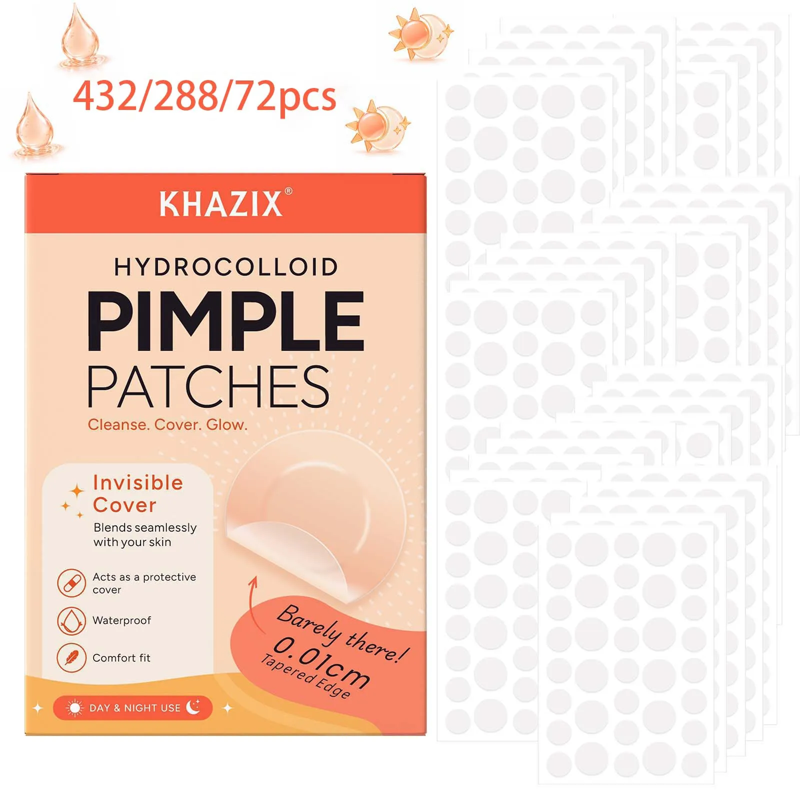 432/288/72PCS Ultra-Thin Pimple Patches, 0.01cm Tapered-Edge Hydrocolloid Spot Stickers, Clear Round Covers in Mixed Sizes