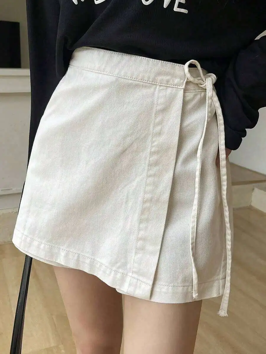 

Womens Casual Wrap Denim Skirt With Drawstring Waist