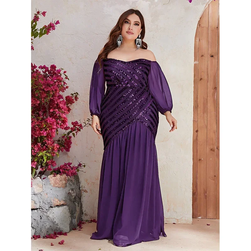 

Plus Size Off Shoulder Long Sleeve Sequined Striped Chiffon Floor Standing Evening Gown 4xl Big Size Bridesmaid Evening Dress