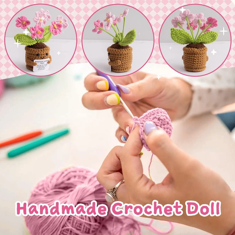 Emotional Support Handmade Crochet Potted Plant Flowers with Positive Energy Card Office Desktop Ornament Home Decoration Gifts