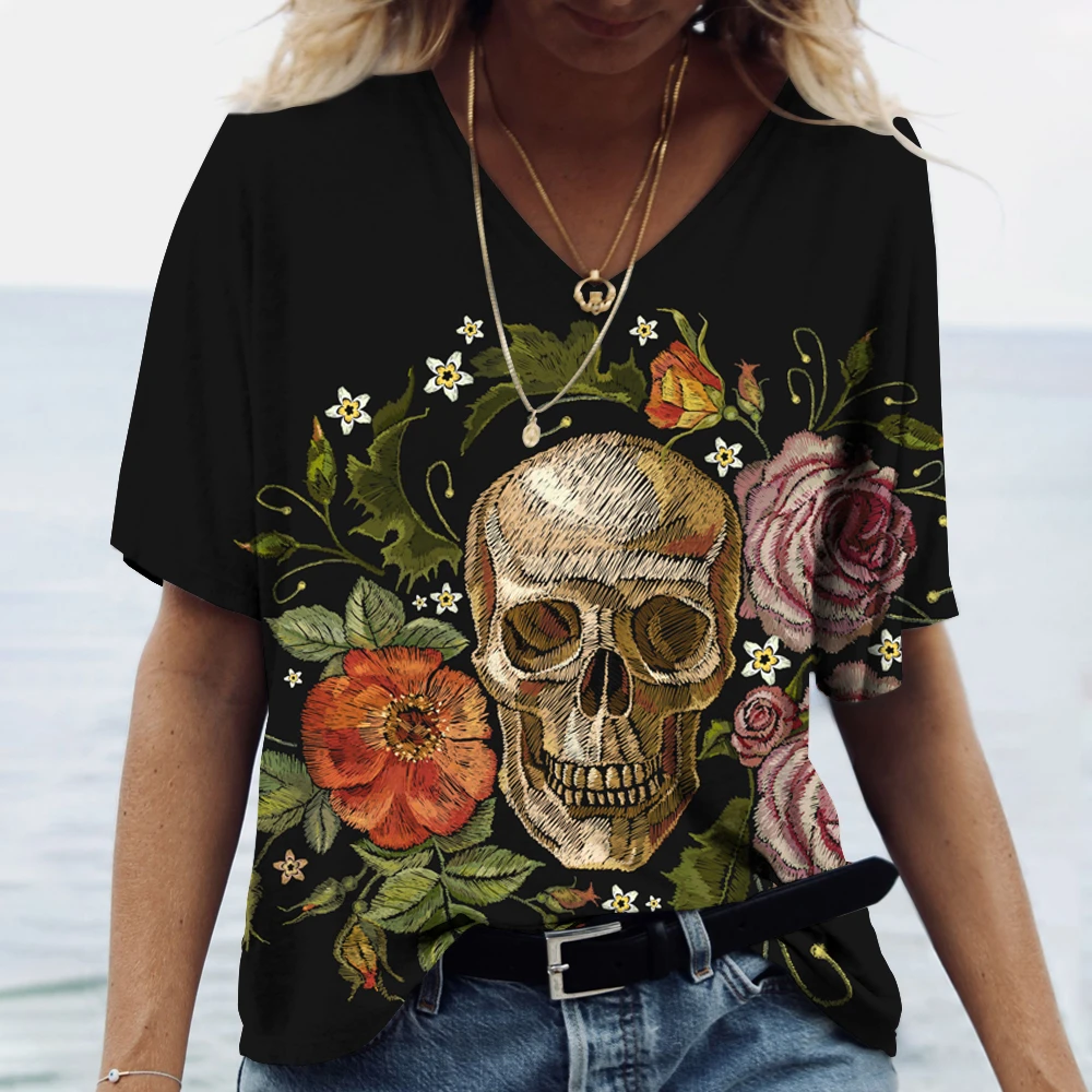 Women's T Shirt Skull Pattern Printed T-Shirt Top Day Of The Dead Women Costume Summer Fashion Streetwear Casual Female Clothing